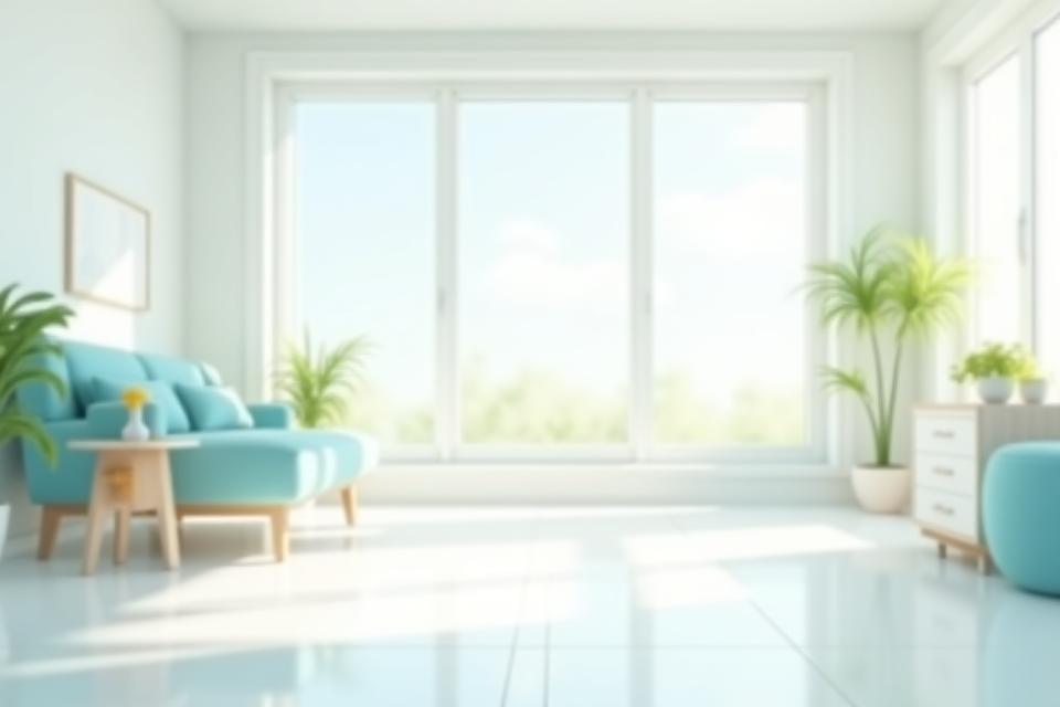 Image of a sparkling clean modern room with sunlight and a hint of cleaning supplies in the background